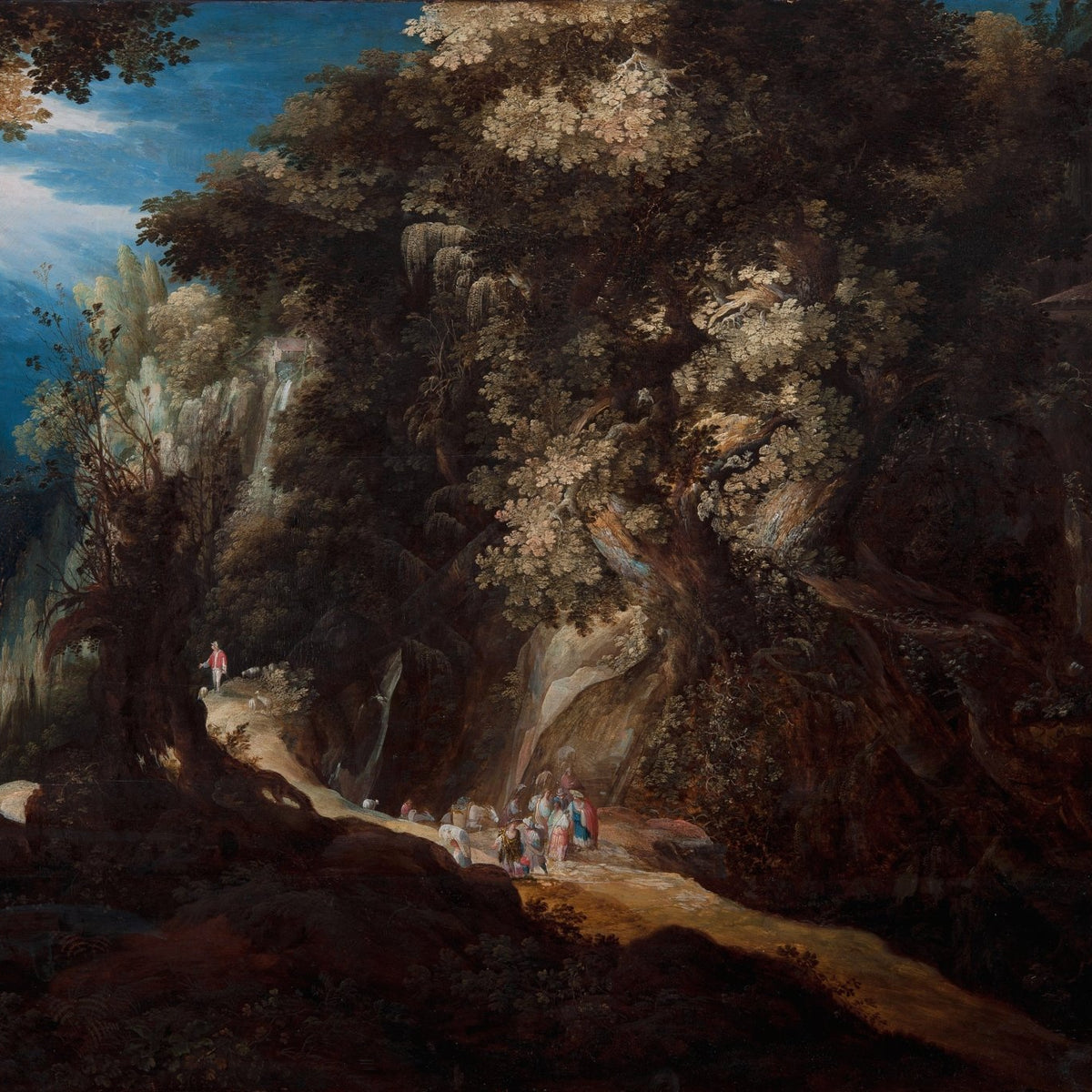 Hand-painted dramatic forest gorge and waterfalls landscape oil painting on canvas