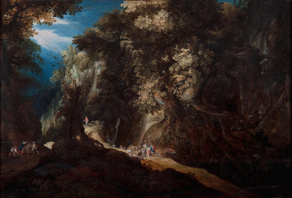 Hand-painted dramatic forest gorge and waterfalls landscape oil painting on canvas