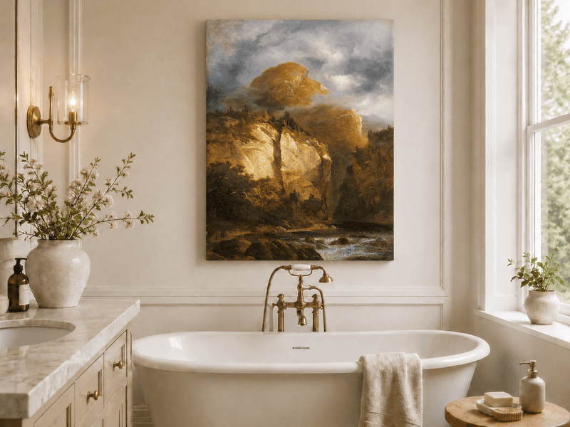 Peinture à l'huile de paysage - Rivière printanière avec pêcheur et arbres