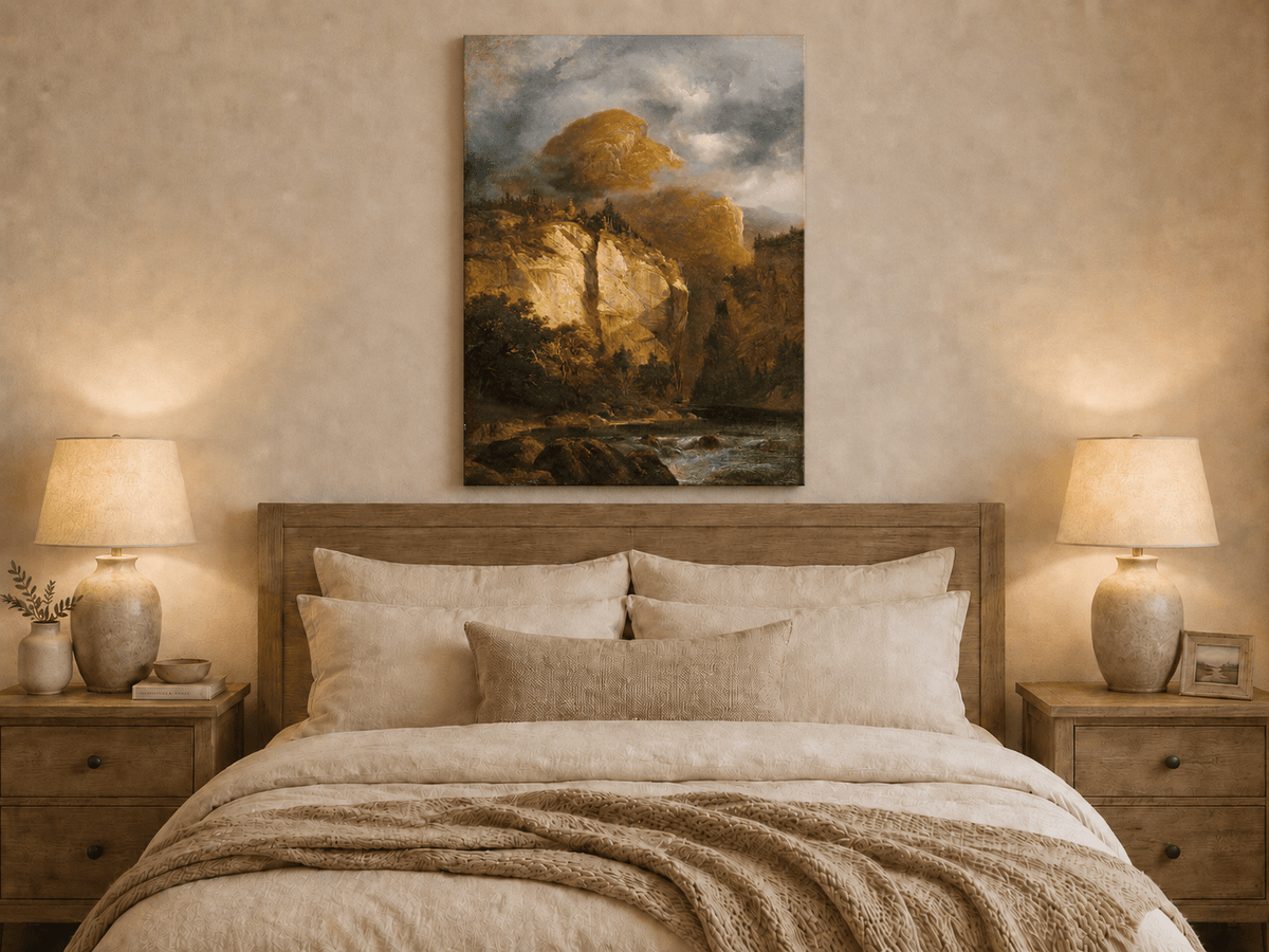 Peinture à l'huile de paysage - Rivière printanière avec pêcheur et arbres
