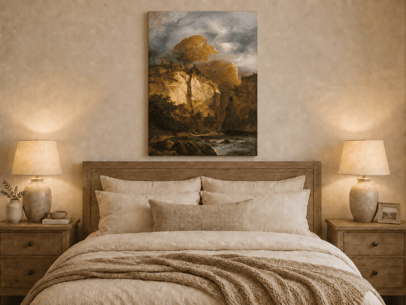 Peinture à l'huile de paysage - Rivière printanière avec pêcheur et arbres