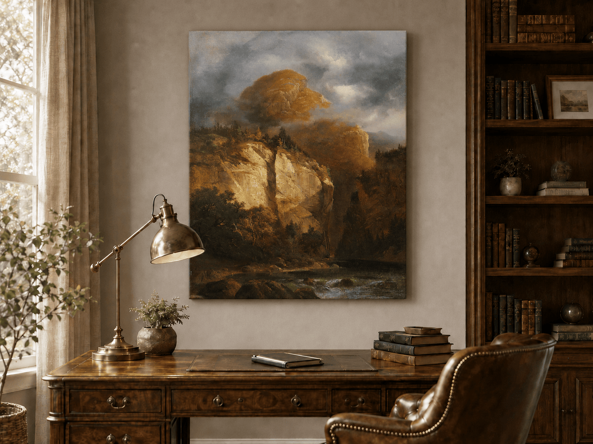 Peinture à l'huile de paysage - Rivière printanière avec pêcheur et arbres