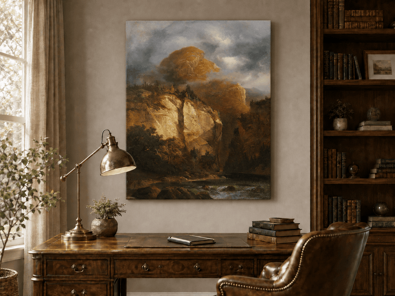 Peinture à l'huile de paysage - Rivière printanière avec pêcheur et arbres