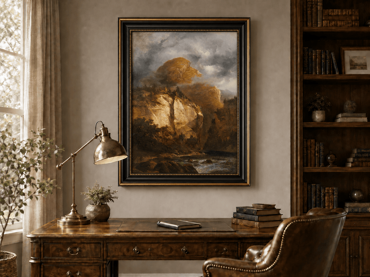 Peinture à l'huile de paysage - Rivière printanière avec pêcheur et arbres