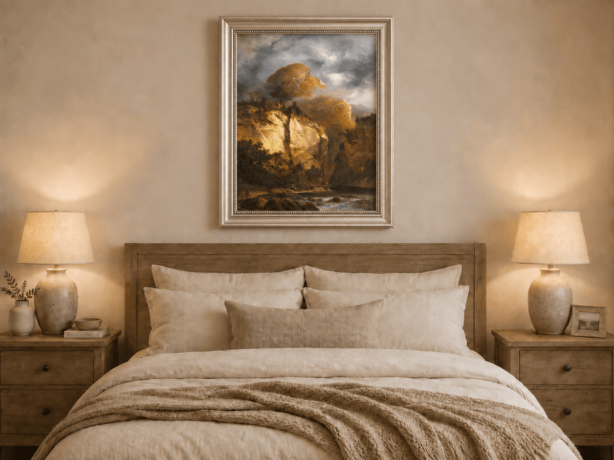 Peinture à l'huile de paysage - Rivière printanière avec pêcheur et arbres