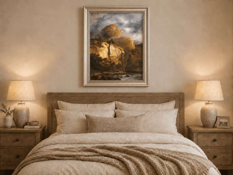 Peinture à l'huile de paysage - Rivière printanière avec pêcheur et arbres