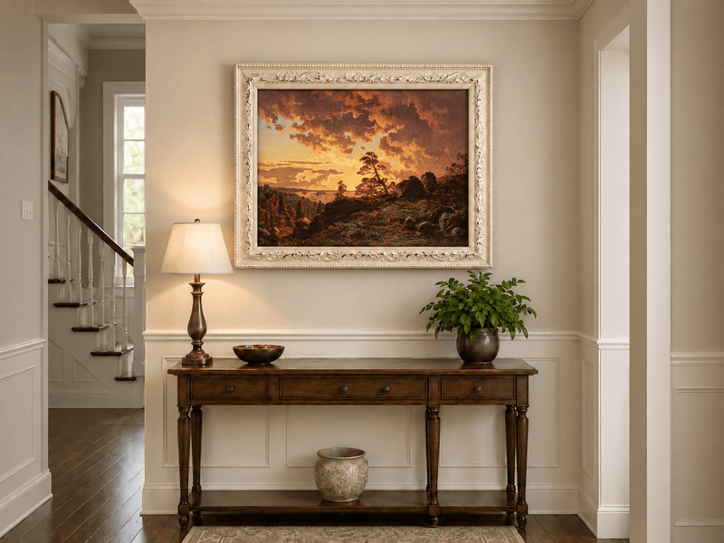 Landscape Oil Painting - Dramatic Mountain Sunset, Pines