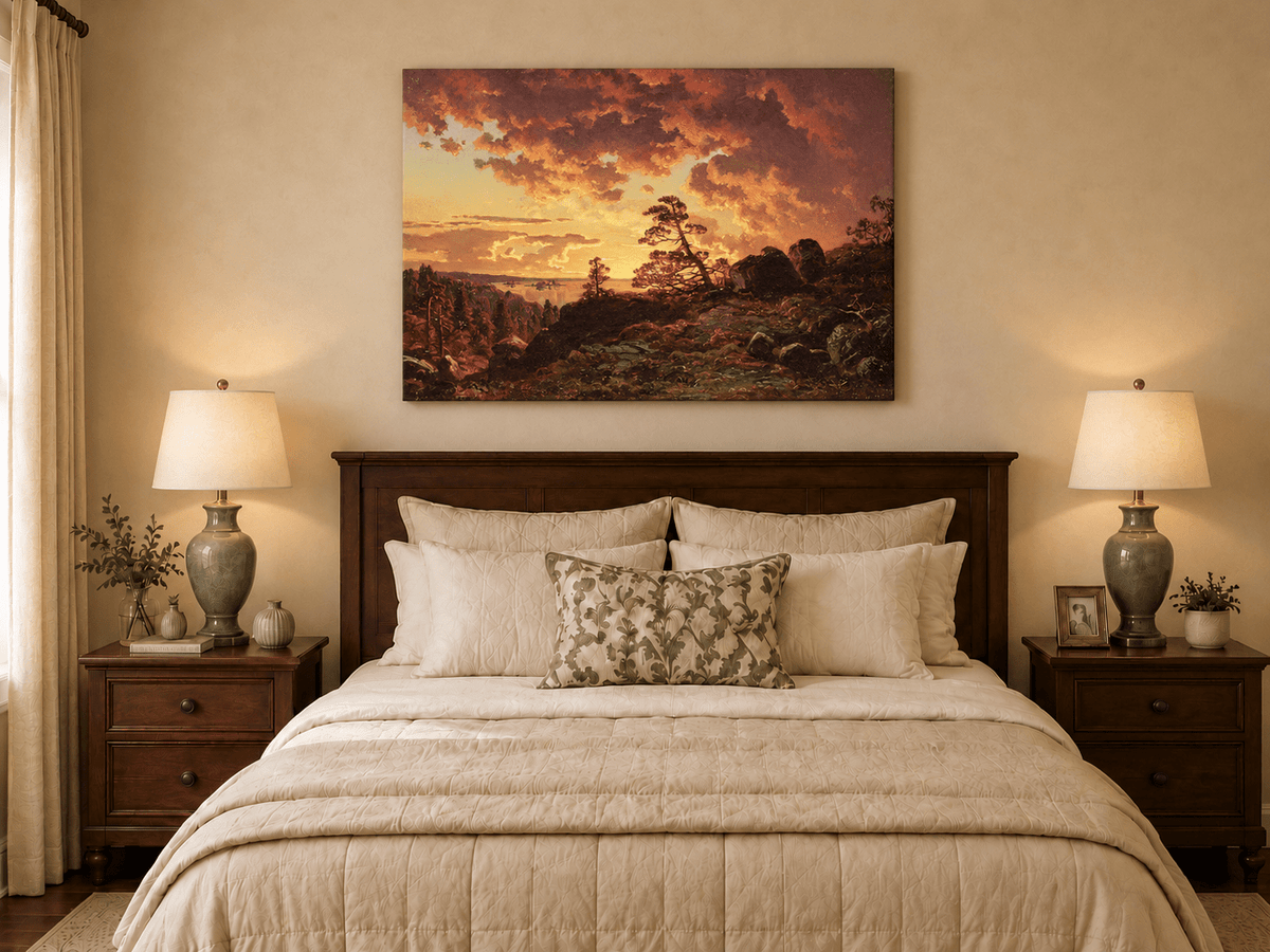 Landscape Oil Painting - Dramatic Mountain Sunset, Pines