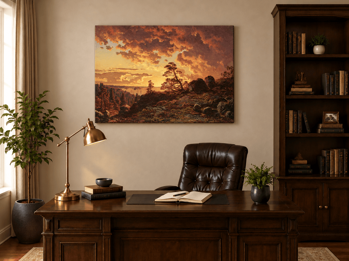Landscape Oil Painting - Dramatic Mountain Sunset, Pines