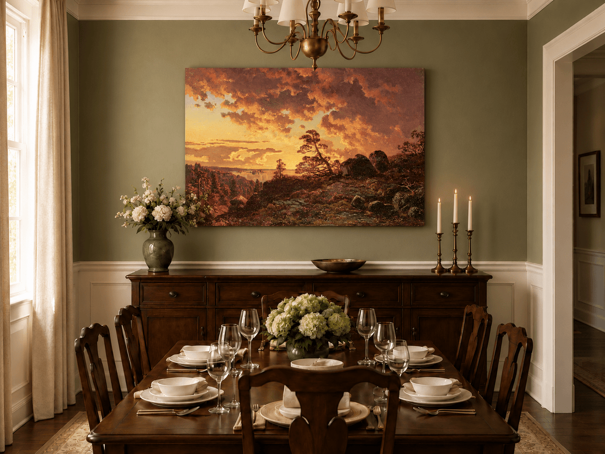 Landscape Oil Painting - Dramatic Mountain Sunset, Pines