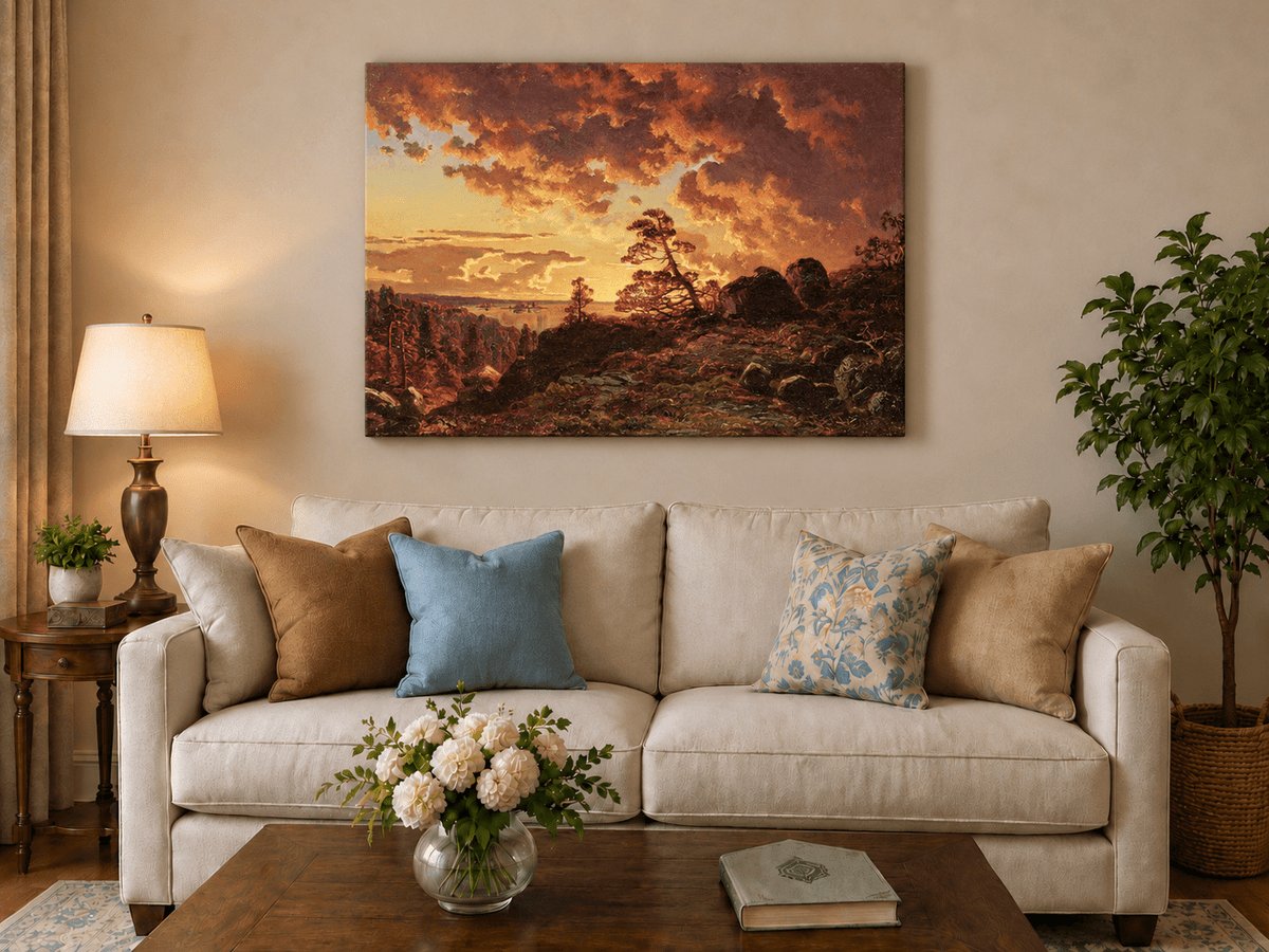 Landscape Oil Painting - Dramatic Mountain Sunset, Pines