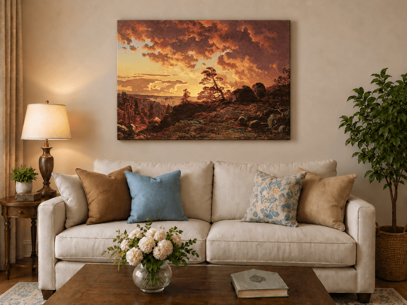 Landscape Oil Painting - Dramatic Mountain Sunset, Pines