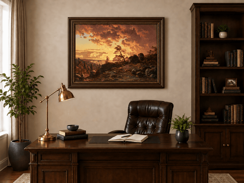 Landscape Oil Painting - Dramatic Mountain Sunset, Pines