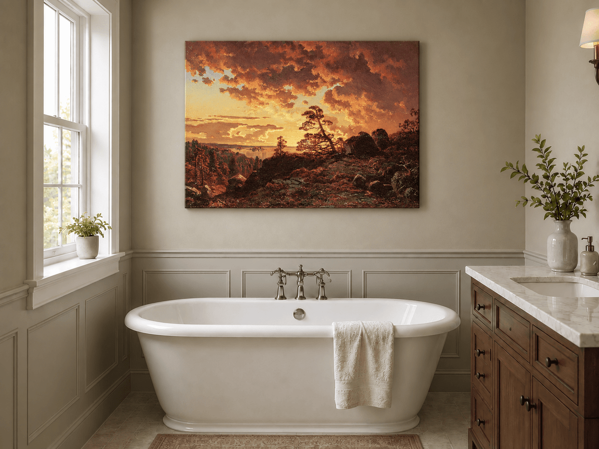 Landscape Oil Painting - Dramatic Mountain Sunset, Pines