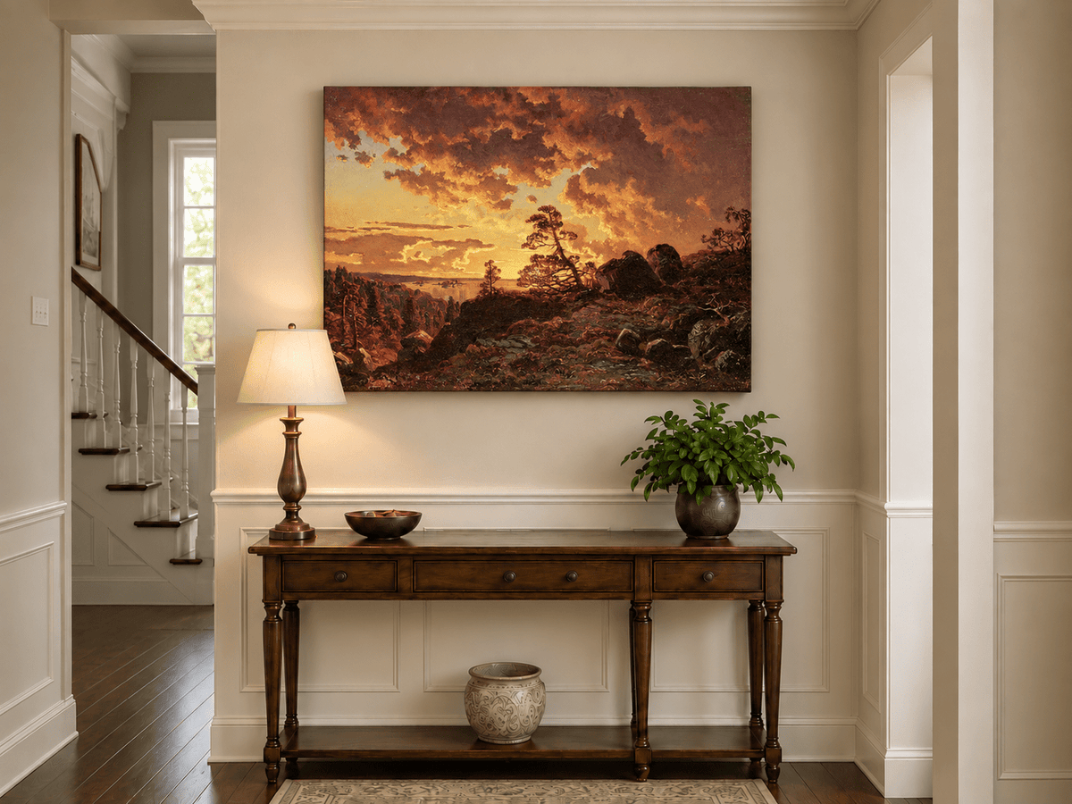 Landscape Oil Painting - Dramatic Mountain Sunset, Pines