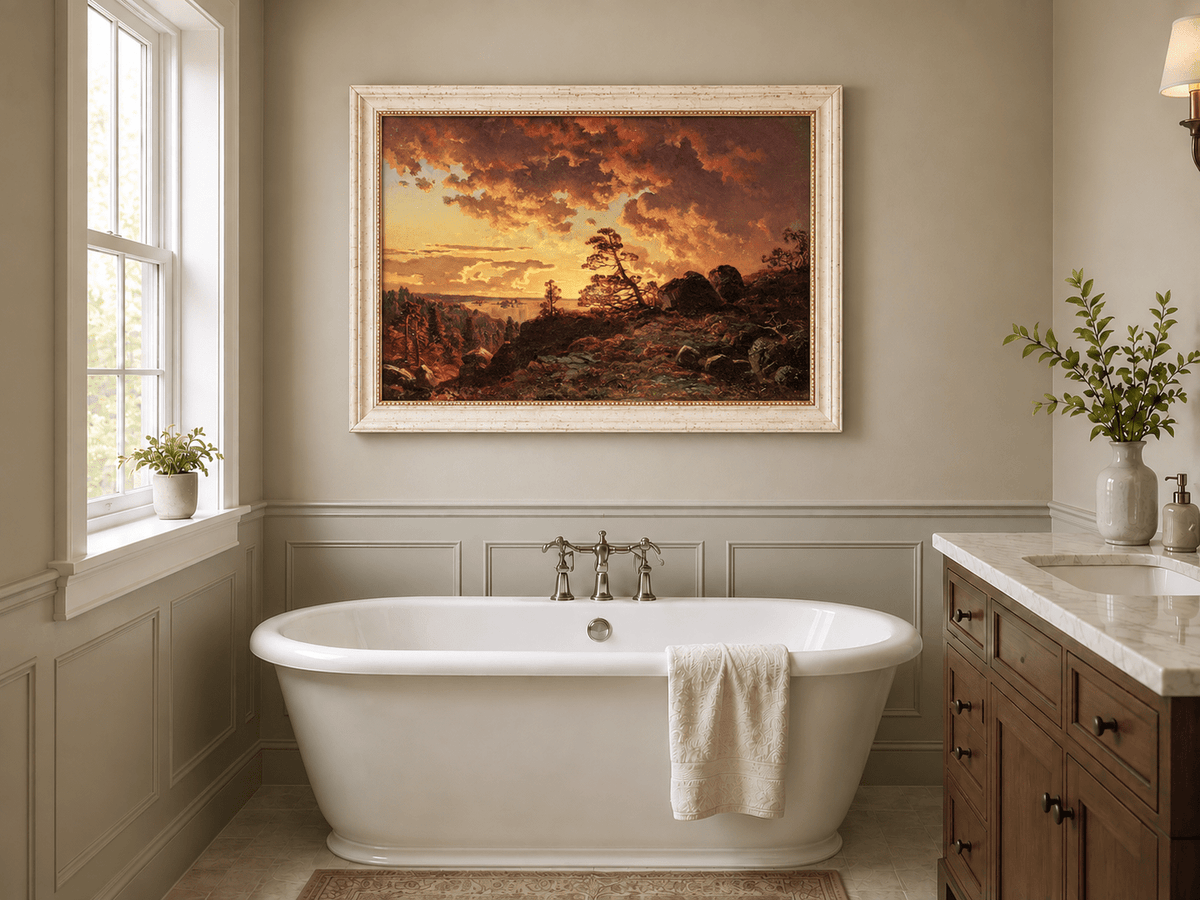 Landscape Oil Painting - Dramatic Mountain Sunset, Pines