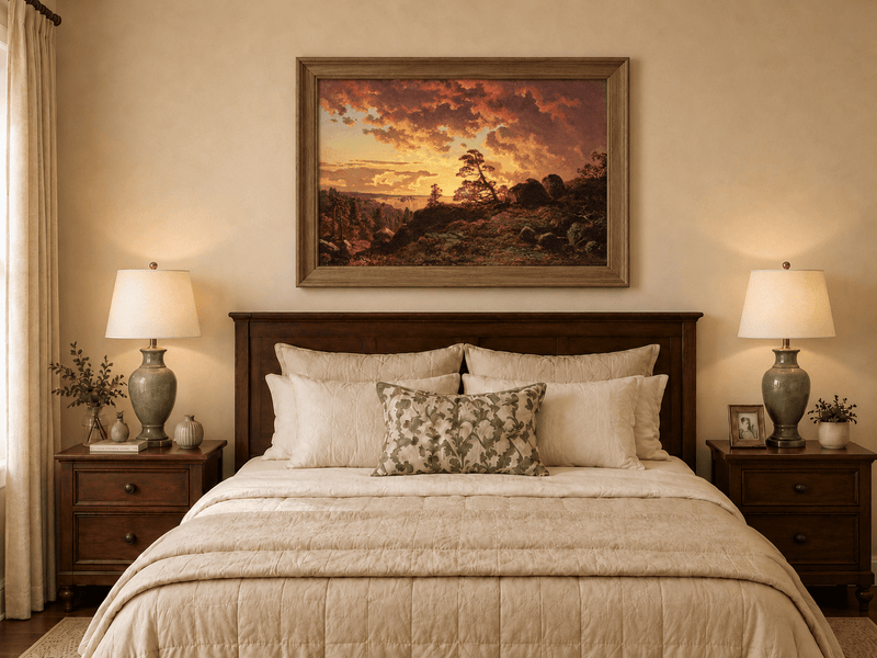 Landscape Oil Painting - Dramatic Mountain Sunset, Pines