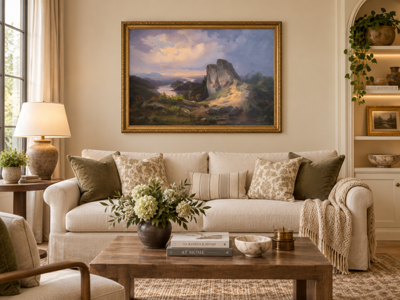 Hand-painted Dramatic River Valley under Storm Light landscape oil painting displayed as wall art in a styled interior