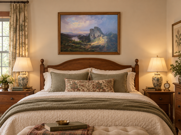 Hand-painted Dramatic River Valley under Storm Light landscape oil painting displayed as wall art in a styled interior