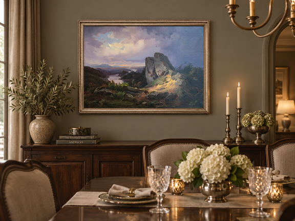 Hand-painted Dramatic River Valley under Storm Light landscape oil painting displayed as wall art in a styled interior