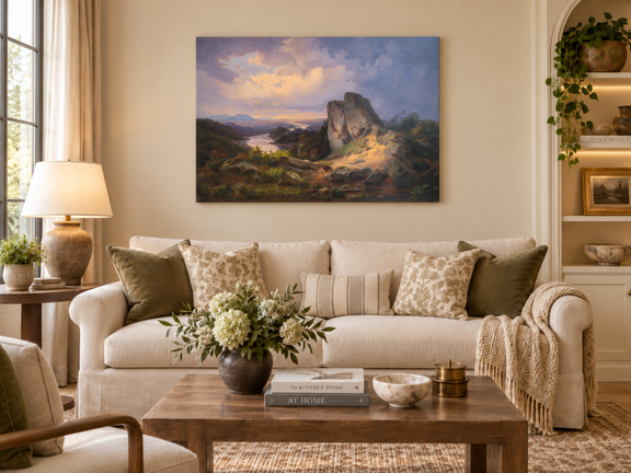 Hand-painted Dramatic River Valley under Storm Light landscape oil painting displayed as wall art in a styled interior