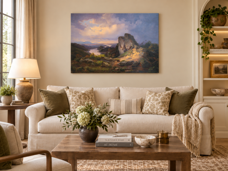 Hand-painted Dramatic River Valley under Storm Light landscape oil painting displayed as wall art in a styled interior