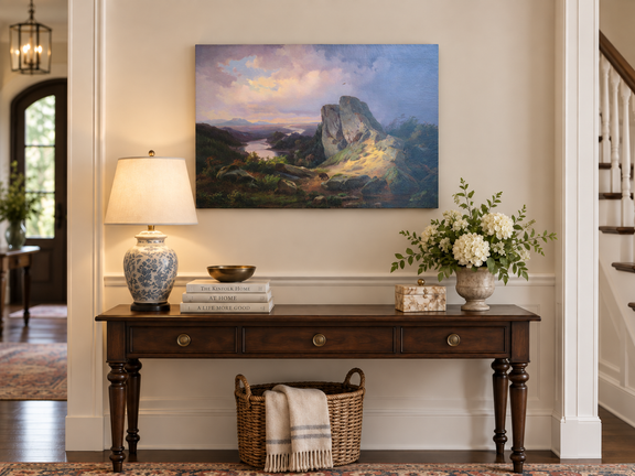 Hand-painted Dramatic River Valley under Storm Light landscape oil painting displayed as wall art in a styled interior