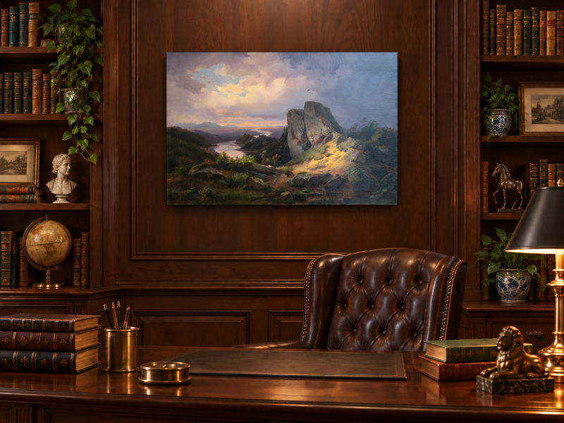 Hand-painted Dramatic River Valley under Storm Light landscape oil painting displayed as wall art in a styled interior