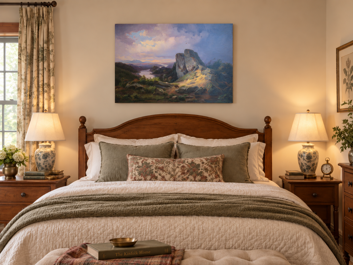 Hand-painted Dramatic River Valley under Storm Light landscape oil painting displayed as wall art in a styled interior