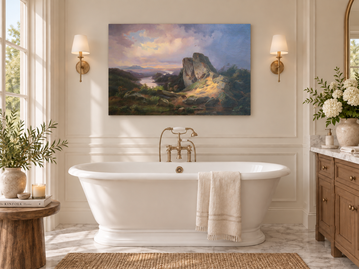 Hand-painted Dramatic River Valley under Storm Light landscape oil painting displayed as wall art in a styled interior