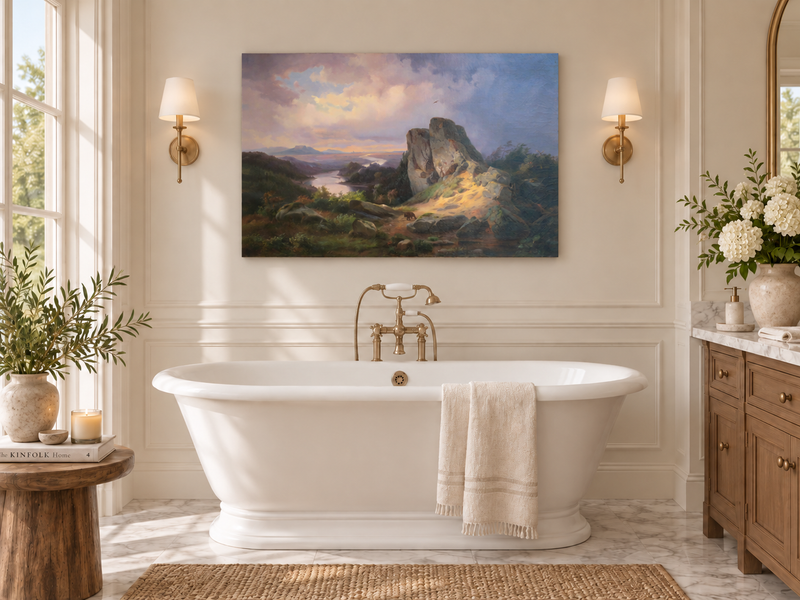 Hand-painted Dramatic River Valley under Storm Light landscape oil painting displayed as wall art in a styled interior