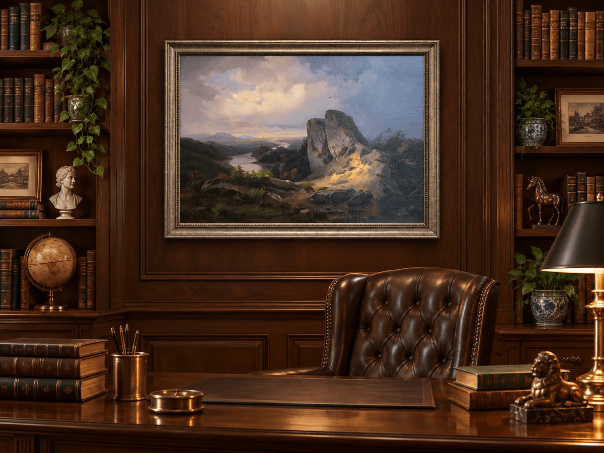Hand-painted Dramatic River Valley under Storm Light landscape oil painting displayed as wall art in a styled interior