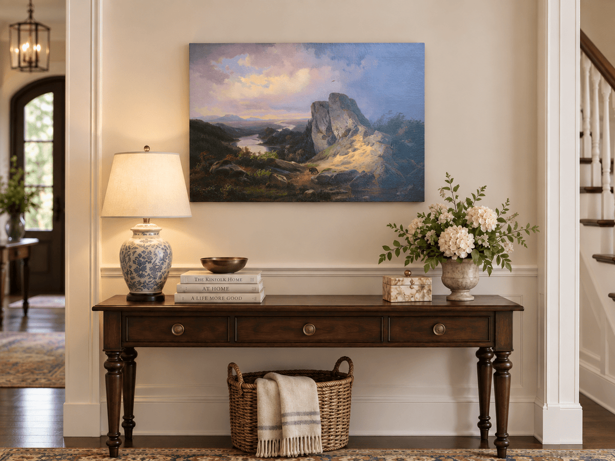 Hand-painted Dramatic River Valley under Storm Light landscape oil painting displayed as wall art in a styled interior