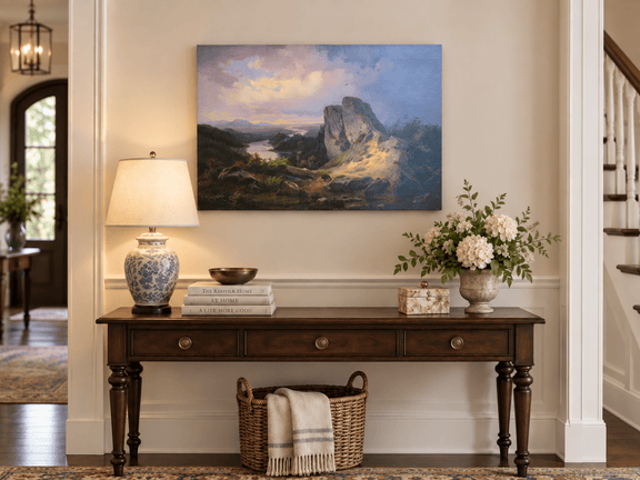 Hand-painted Dramatic River Valley under Storm Light landscape oil painting displayed as wall art in a styled interior