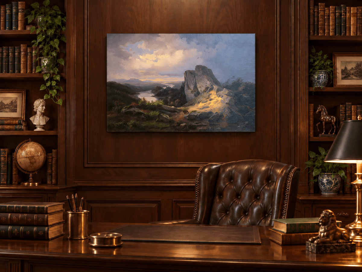 Hand-painted Dramatic River Valley under Storm Light landscape oil painting displayed as wall art in a styled interior