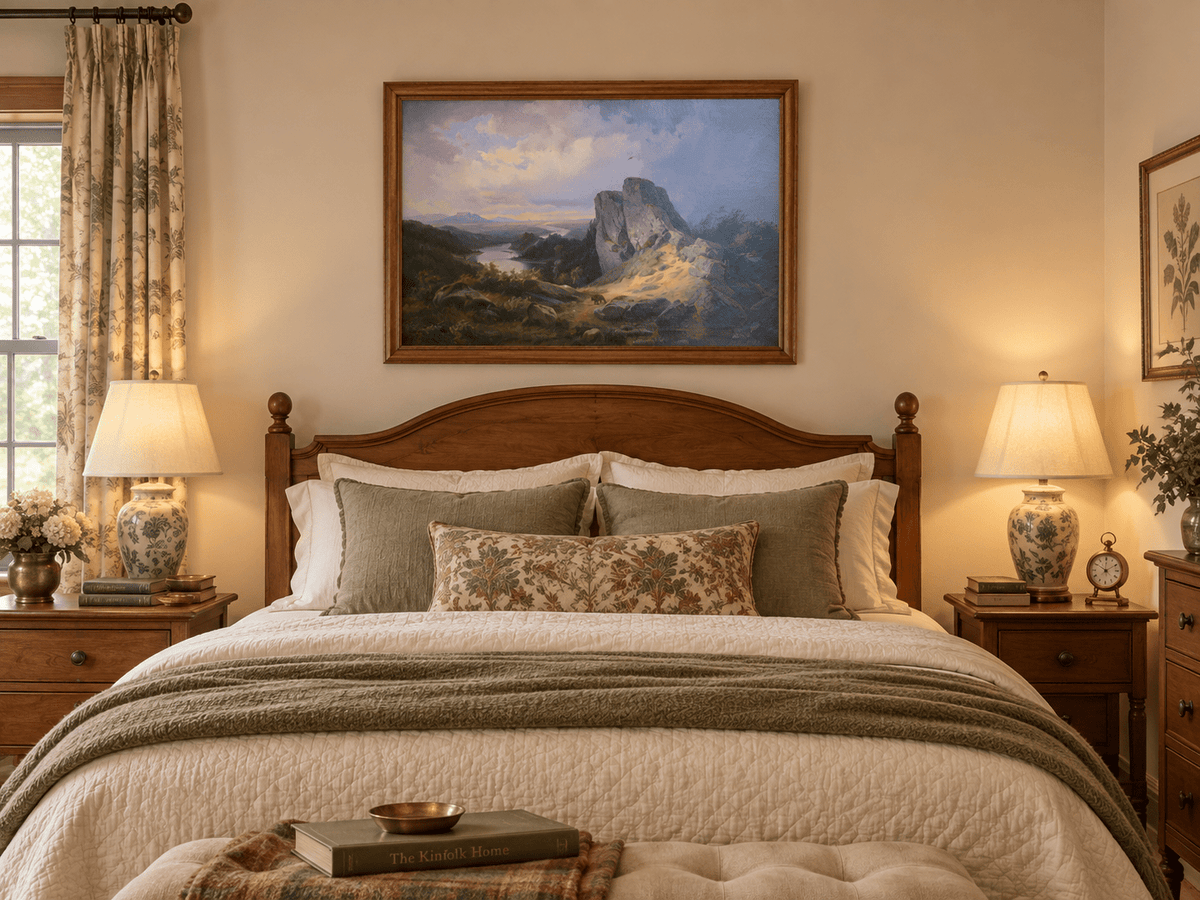Hand-painted Dramatic River Valley under Storm Light landscape oil painting displayed as wall art in a styled interior