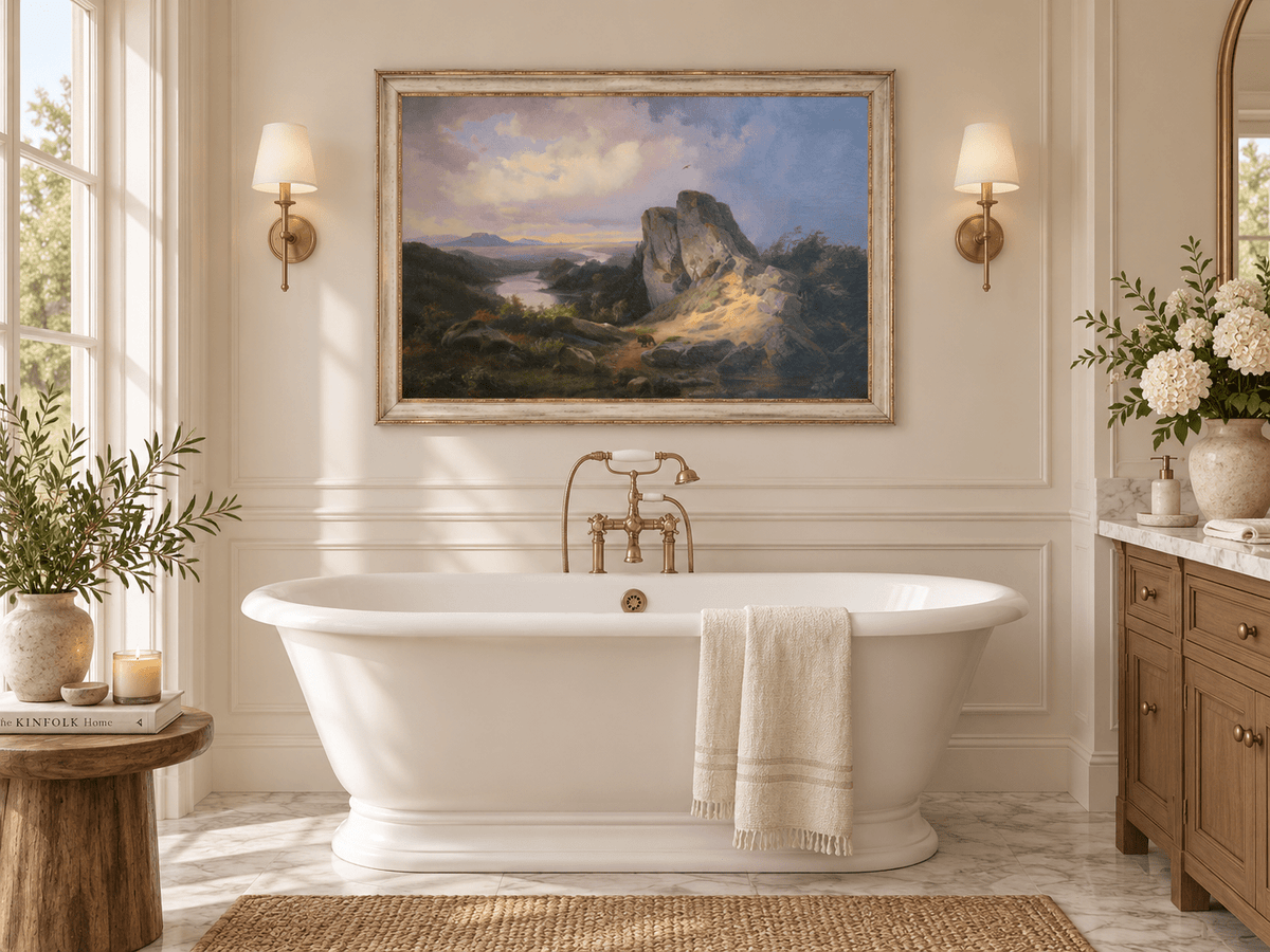 Hand-painted Dramatic River Valley under Storm Light landscape oil painting displayed as wall art in a styled interior