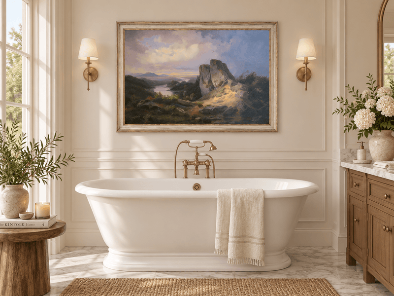Hand-painted Dramatic River Valley under Storm Light landscape oil painting displayed as wall art in a styled interior