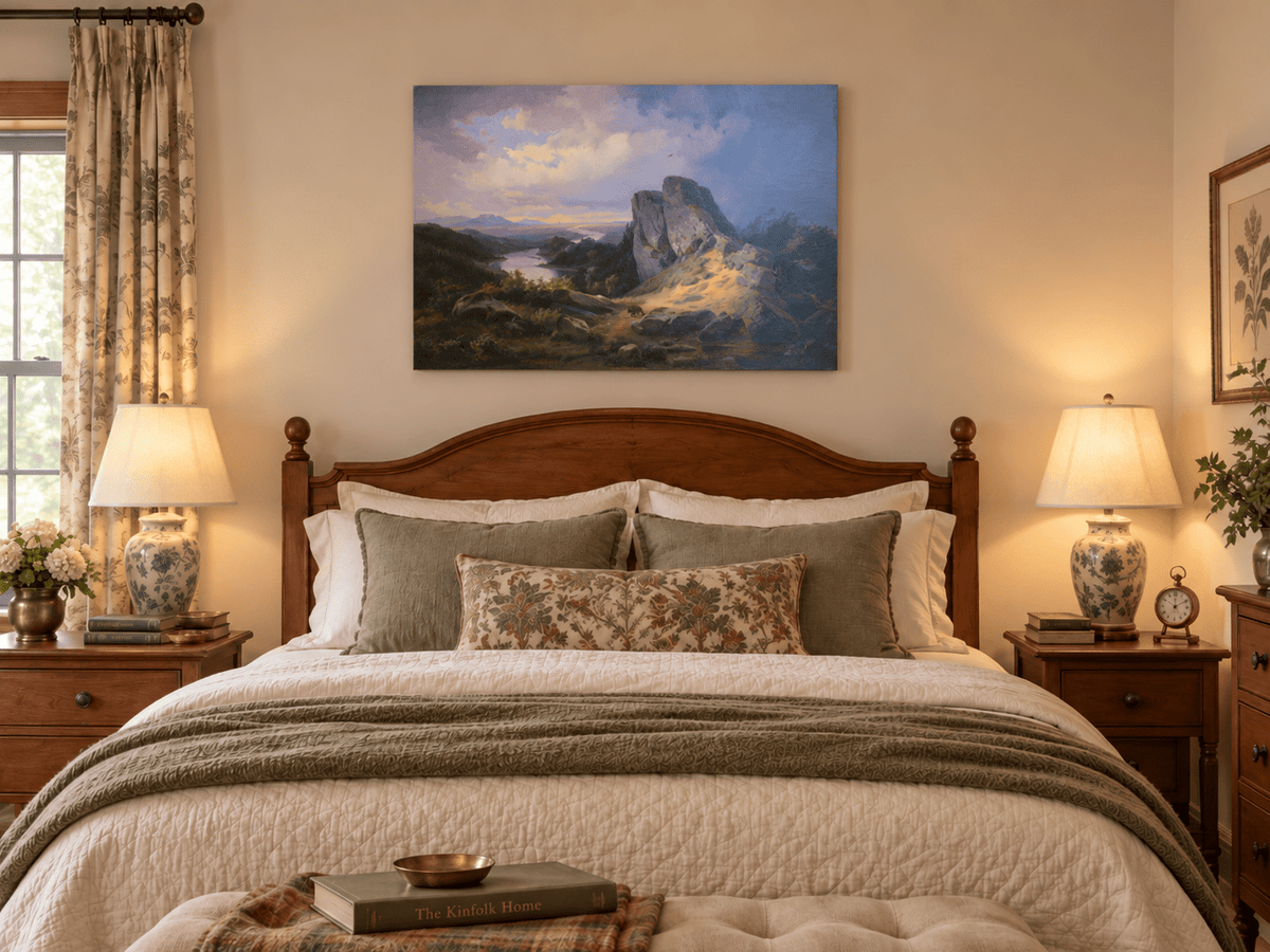 Hand-painted Dramatic River Valley under Storm Light landscape oil painting displayed as wall art in a styled interior