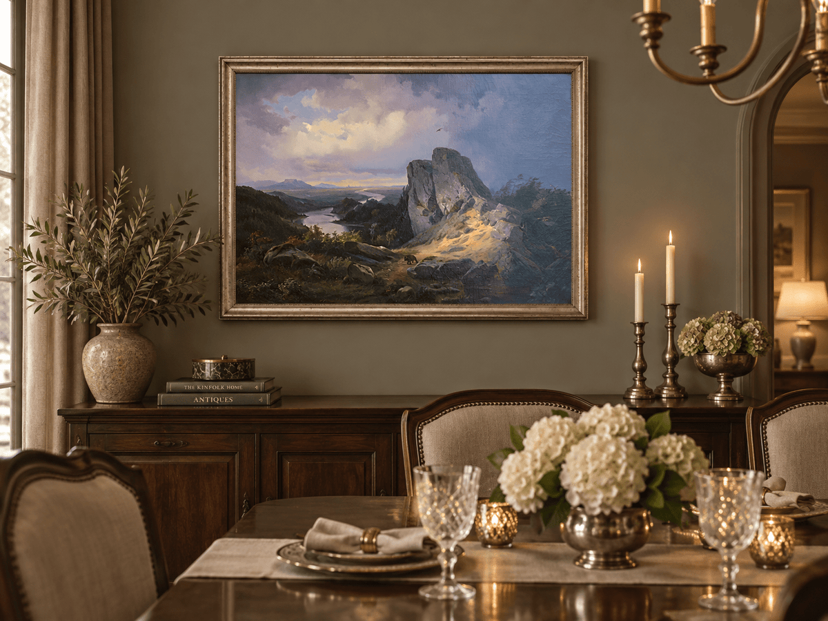 Hand-painted Dramatic River Valley under Storm Light landscape oil painting displayed as wall art in a styled interior