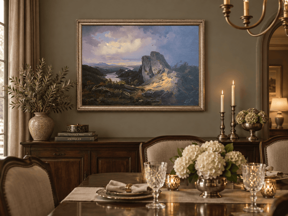 Hand-painted Dramatic River Valley under Storm Light landscape oil painting displayed as wall art in a styled interior