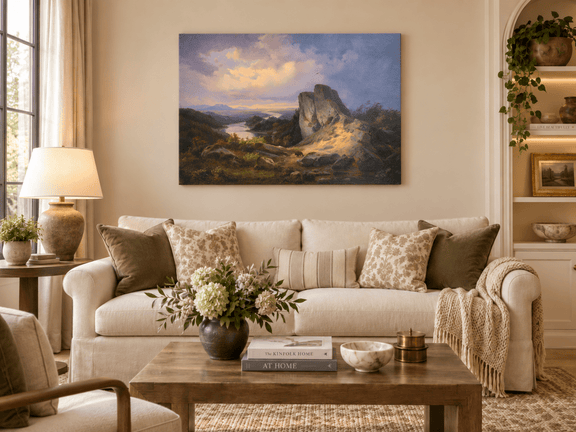 Hand-painted Dramatic River Valley under Storm Light landscape oil painting displayed as wall art in a styled interior
