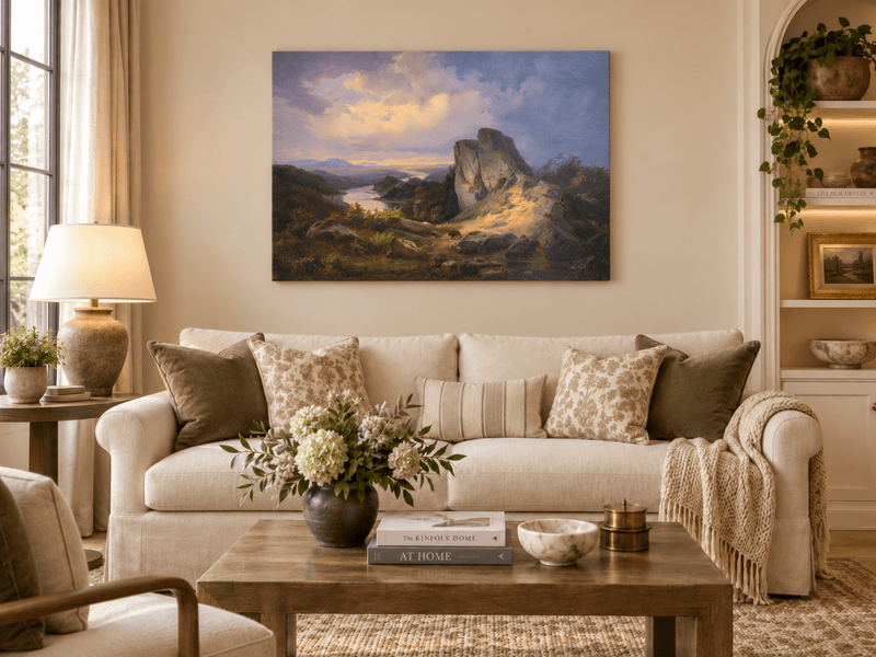 Hand-painted Dramatic River Valley under Storm Light landscape oil painting displayed as wall art in a styled interior