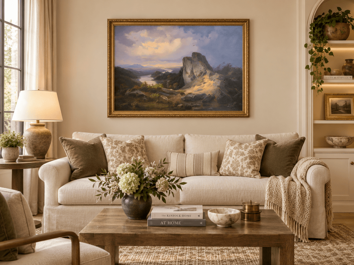 Hand-painted Dramatic River Valley under Storm Light landscape oil painting displayed as wall art in a styled interior