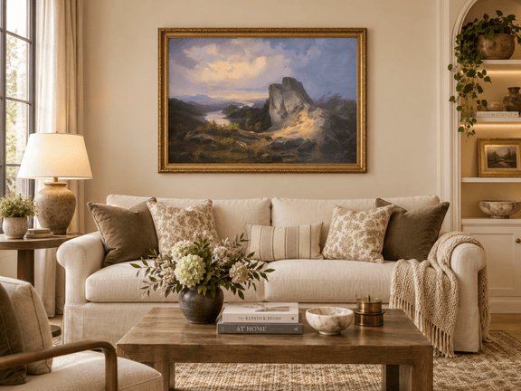 Hand-painted Dramatic River Valley under Storm Light landscape oil painting displayed as wall art in a styled interior