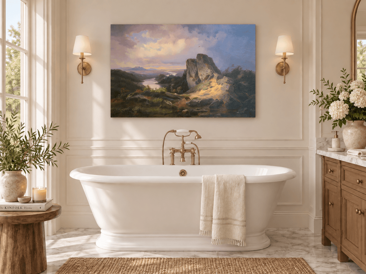 Hand-painted Dramatic River Valley under Storm Light landscape oil painting displayed as wall art in a styled interior