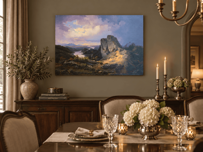 Hand-painted Dramatic River Valley under Storm Light landscape oil painting displayed as wall art in a styled interior