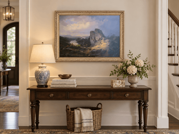 Hand-painted Dramatic River Valley under Storm Light landscape oil painting displayed as wall art in a styled interior