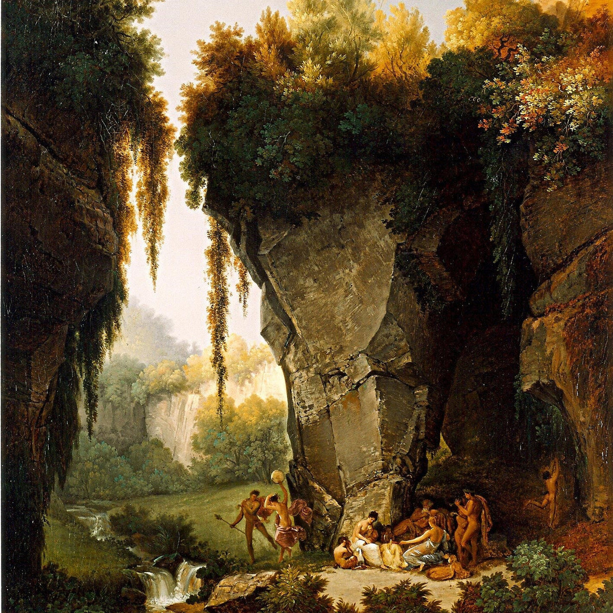 Hand-painted dramatic rocky gorge with waterfall landscape oil painting on canvas