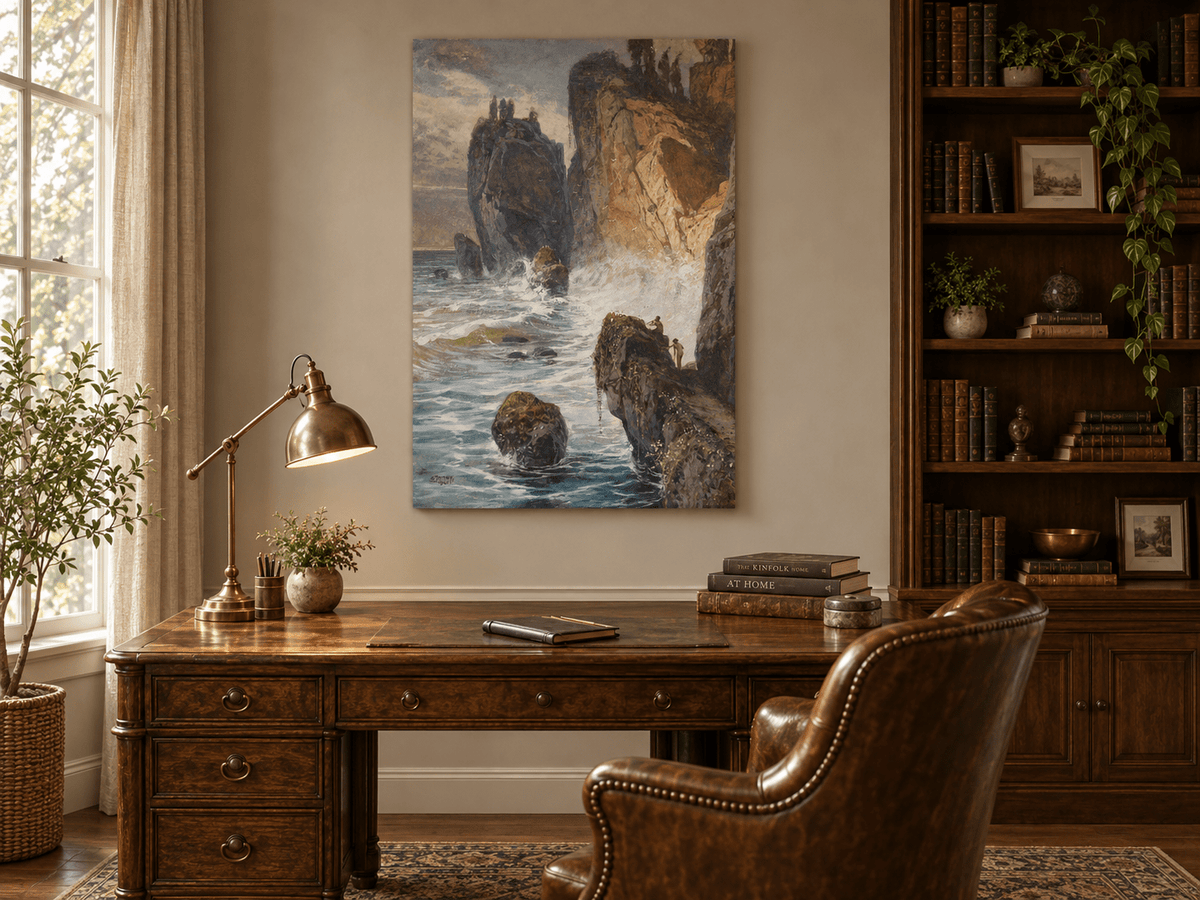 Peinture à l'huile de paysage - Rivière printanière avec pêcheur et arbres